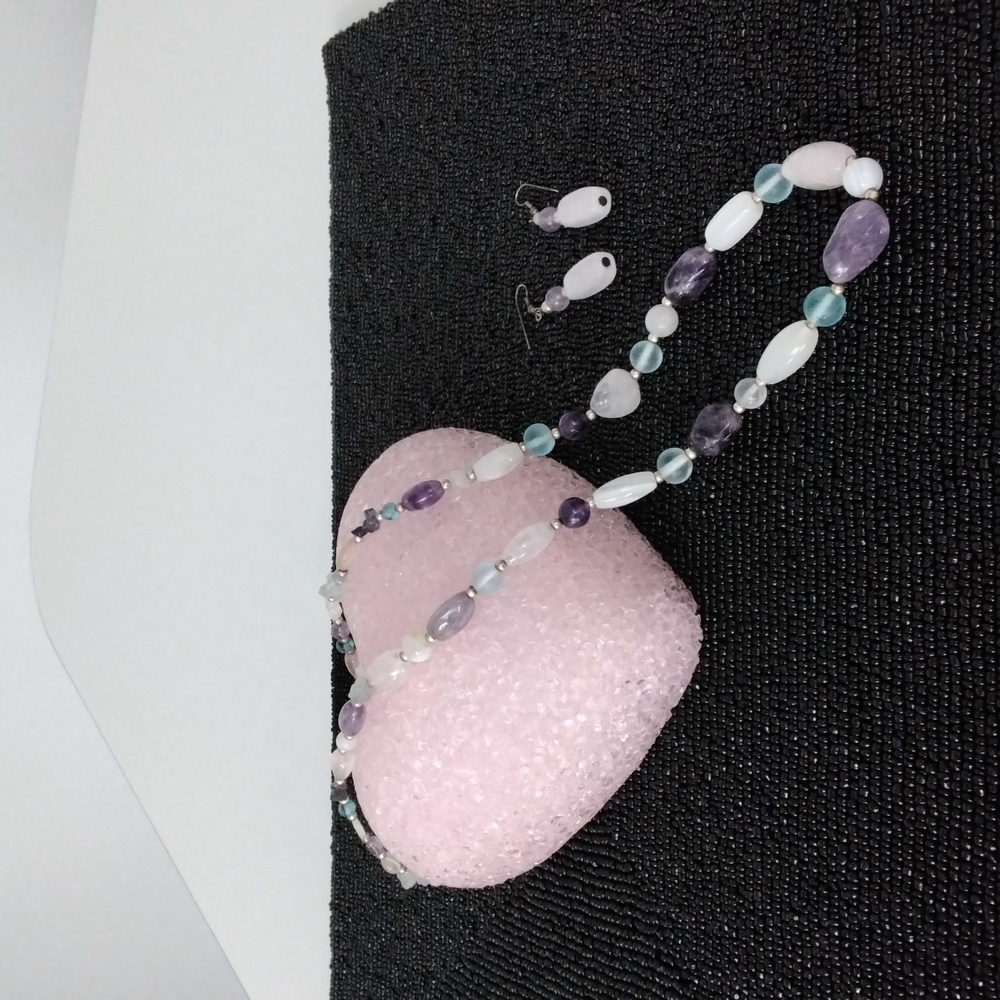 Vintage multicoloured gemstone look necklace and earrings